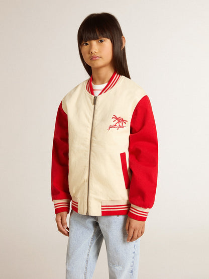 Kids' bomber jacket in beige and red cotton with embroidery on the chest - Golden Goose Kids
