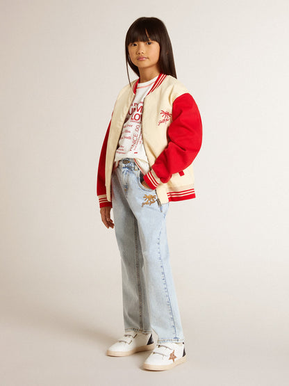 Kids' bomber jacket in beige and red cotton with embroidery on the chest - Golden Goose Kids