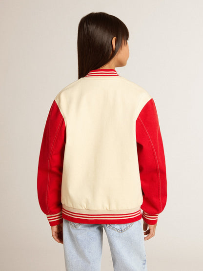 Kids' bomber jacket in beige and red cotton with embroidery on the chest - Golden Goose Kids