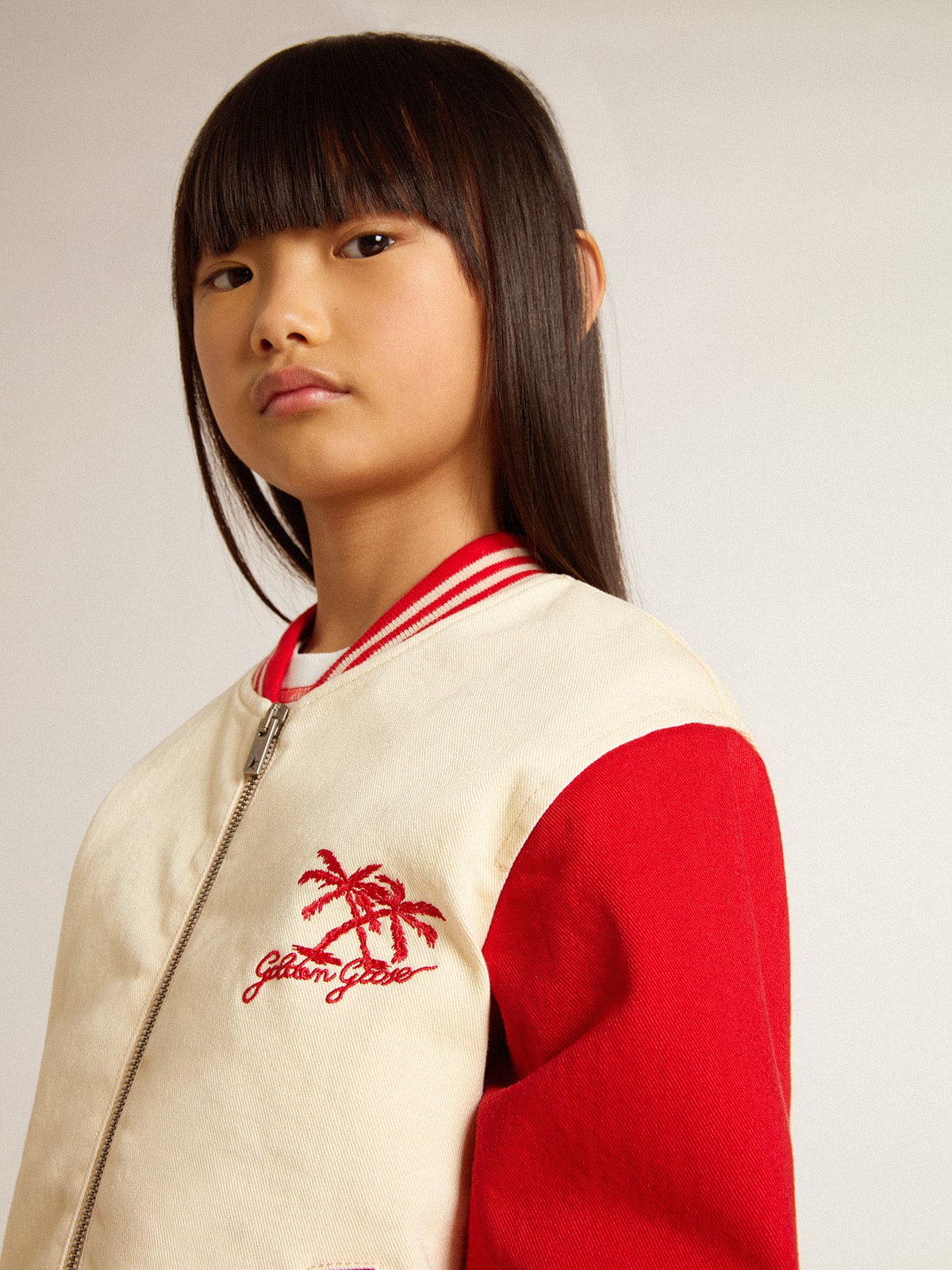 Kids' bomber jacket in beige and red cotton with embroidery on the chest - Golden Goose Kids
