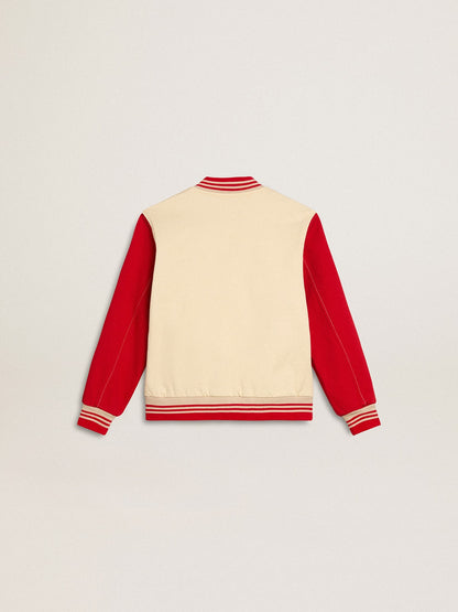 Kids' bomber jacket in beige and red cotton with embroidery on the chest - Golden Goose Kids