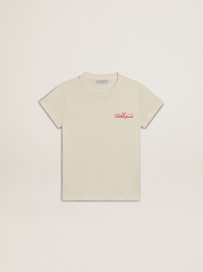 Girls' cotton T-shirt in worn white with red embroidery on the chest - Golden Goose Kids