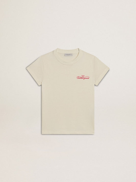 Girls' cotton T-shirt in worn white with red embroidery on the chest - Golden Goose Kids