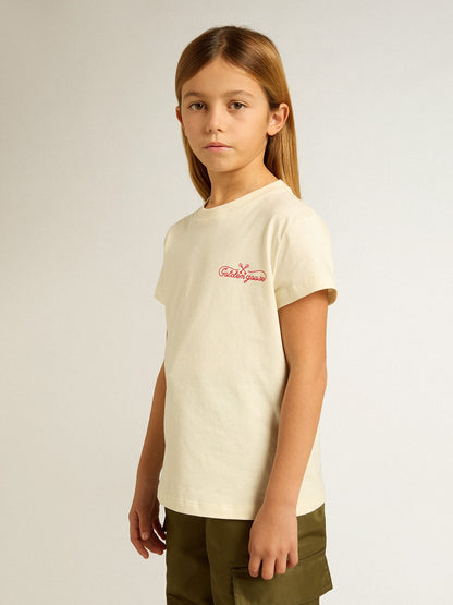 Girls' cotton T-shirt in worn white with red embroidery on the chest - Golden Goose Kids