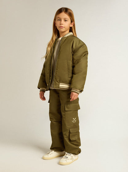 Girls' cotton T-shirt in worn white with red embroidery on the chest - Golden Goose Kids