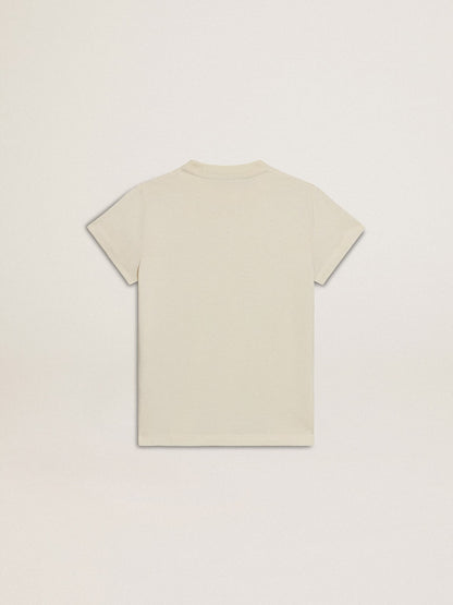 Girls' cotton T-shirt in worn white with red embroidery on the chest - Golden Goose Kids