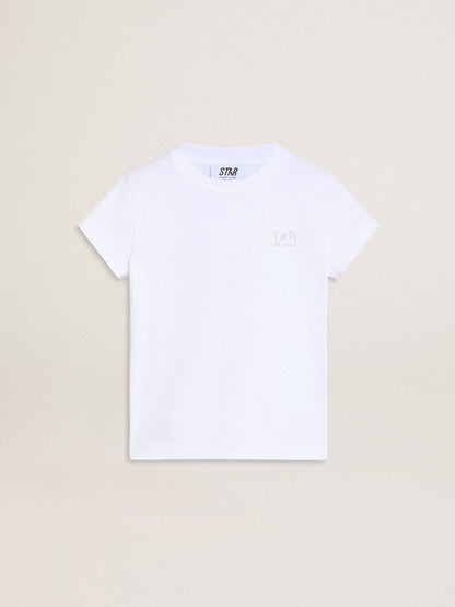 White and silver T-shirt with logo and maxi star in silver glitter - Golden Goose Kids