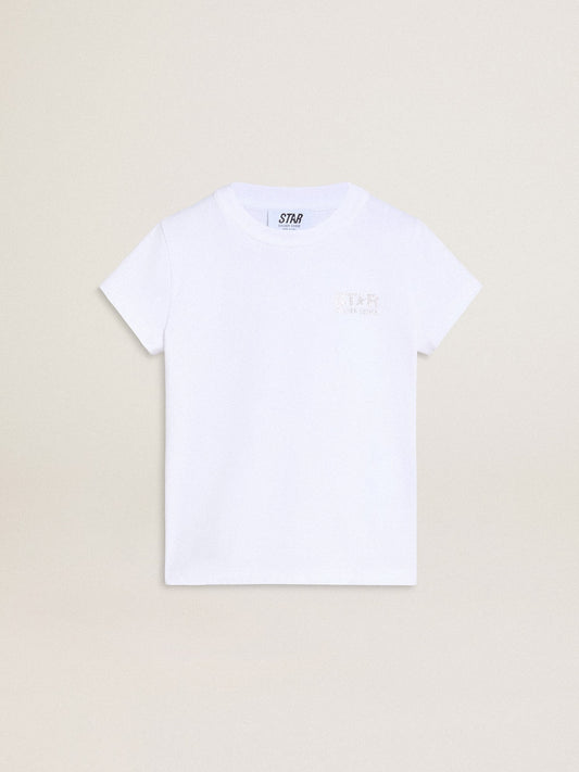 White and silver T-shirt with logo and maxi star in silver glitter - Golden Goose Kids