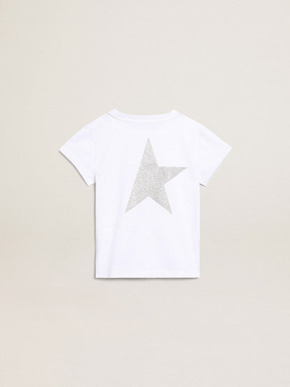 White and silver T-shirt with logo and maxi star in silver glitter - Golden Goose Kids
