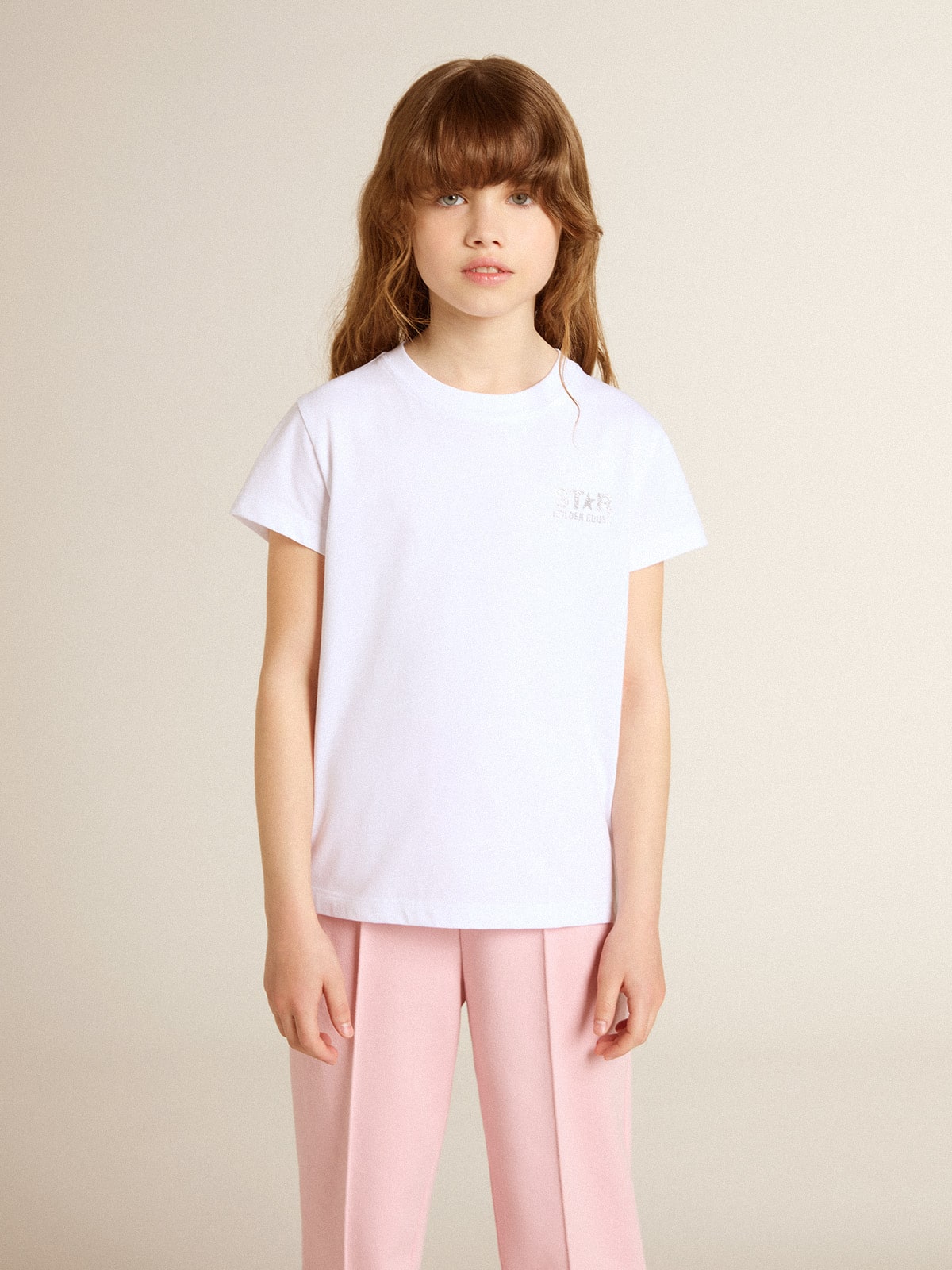 White and silver T-shirt with logo and maxi star in silver glitter - Golden Goose Kids