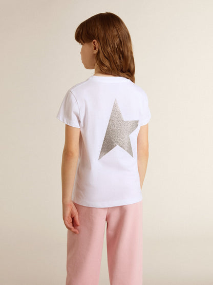 White and silver T-shirt with logo and maxi star in silver glitter - Golden Goose Kids
