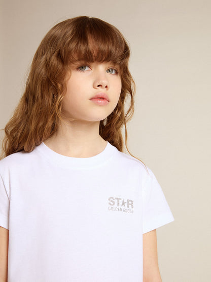 White and silver T-shirt with logo and maxi star in silver glitter - Golden Goose Kids