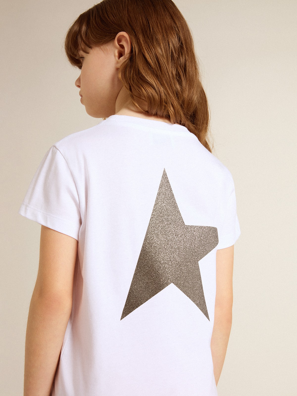 White and silver T-shirt with logo and maxi star in silver glitter - Golden Goose Kids