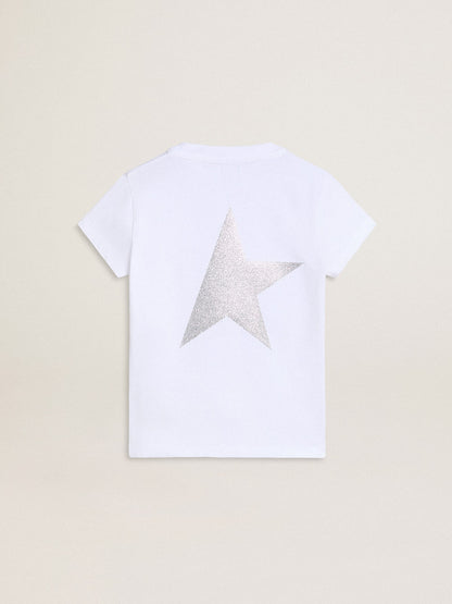 White and silver T-shirt with logo and maxi star in silver glitter - Golden Goose Kids