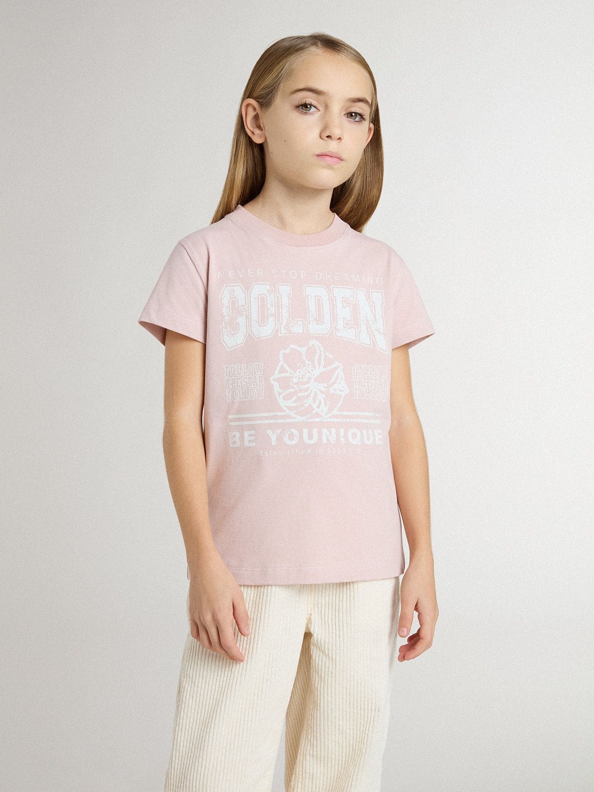 Girls' pink T-shirt with white print - Golden Goose Kids