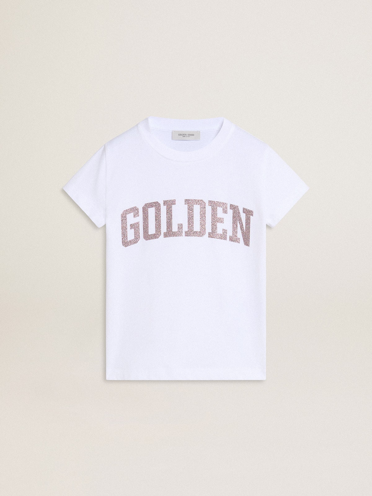 Girls' white T-shirt with pink glitter Golden lettering - Golden Goose Kids