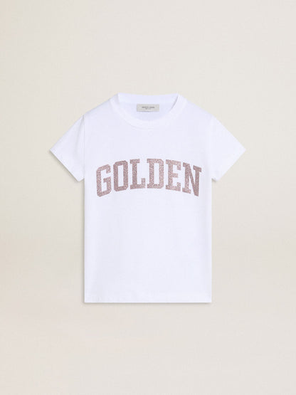 Girls' white T-shirt with pink glitter Golden lettering - Golden Goose Kids