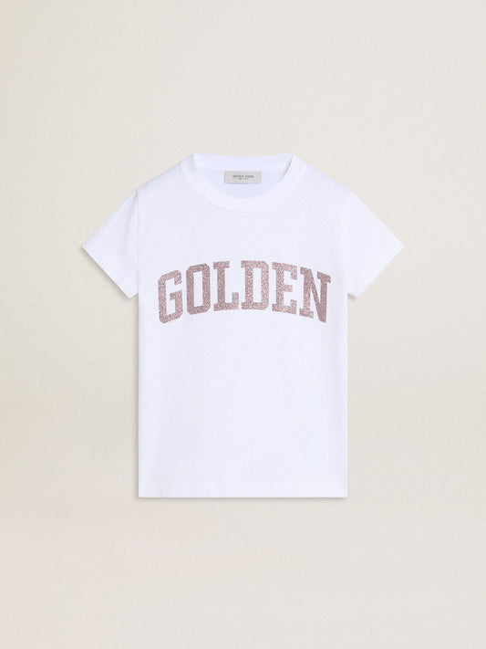 Girls' white T-shirt with pink glitter Golden lettering - Golden Goose Kids