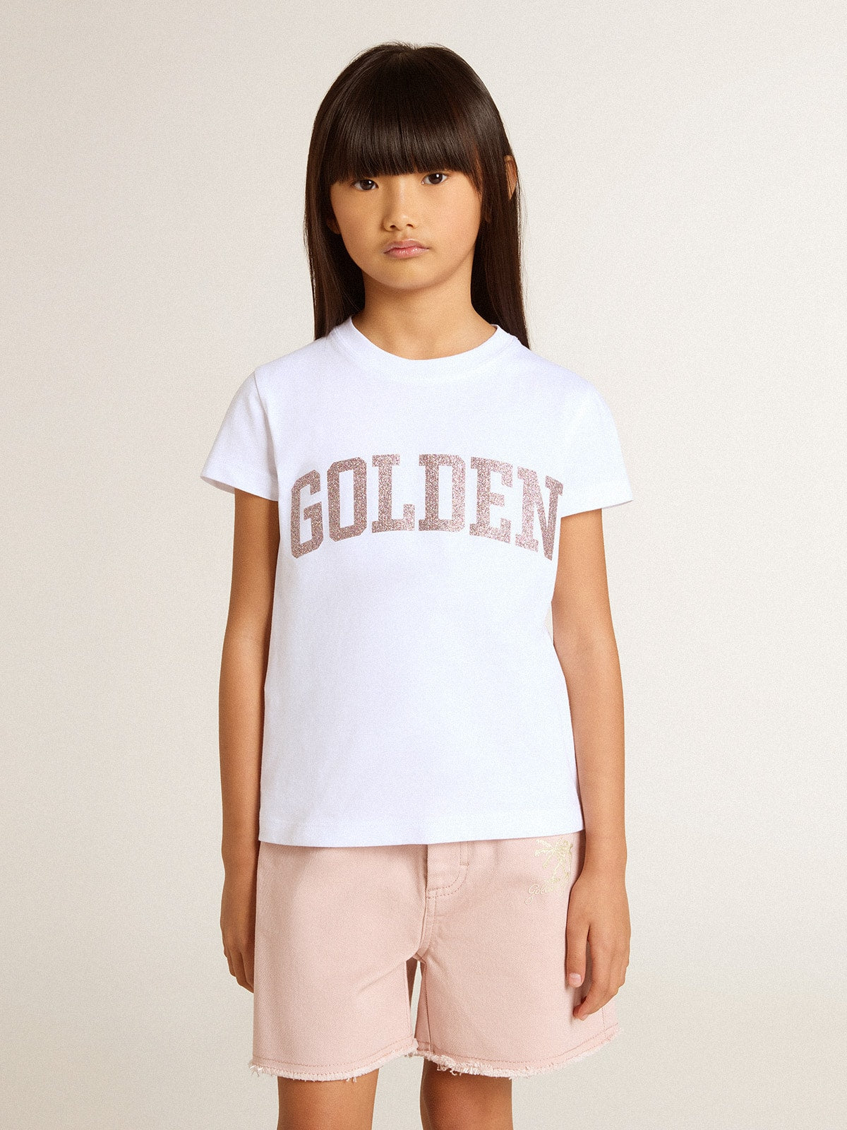 Girls' white T-shirt with pink glitter Golden lettering - Golden Goose Kids