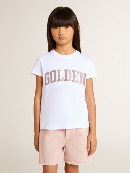 Girls' white T-shirt with pink glitter Golden lettering - Golden Goose Kids