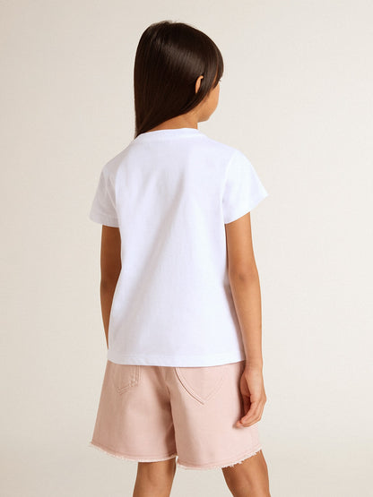 Girls' white T-shirt with pink glitter Golden lettering - Golden Goose Kids