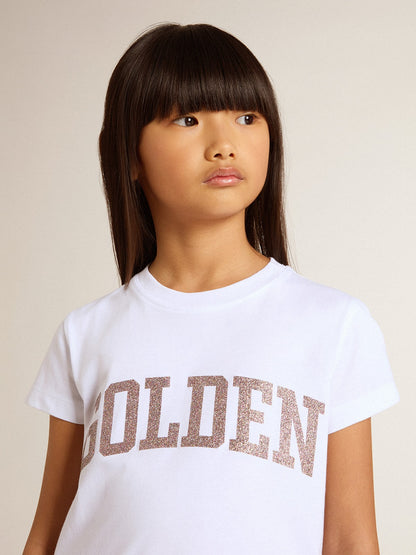 Girls' white T-shirt with pink glitter Golden lettering - Golden Goose Kids
