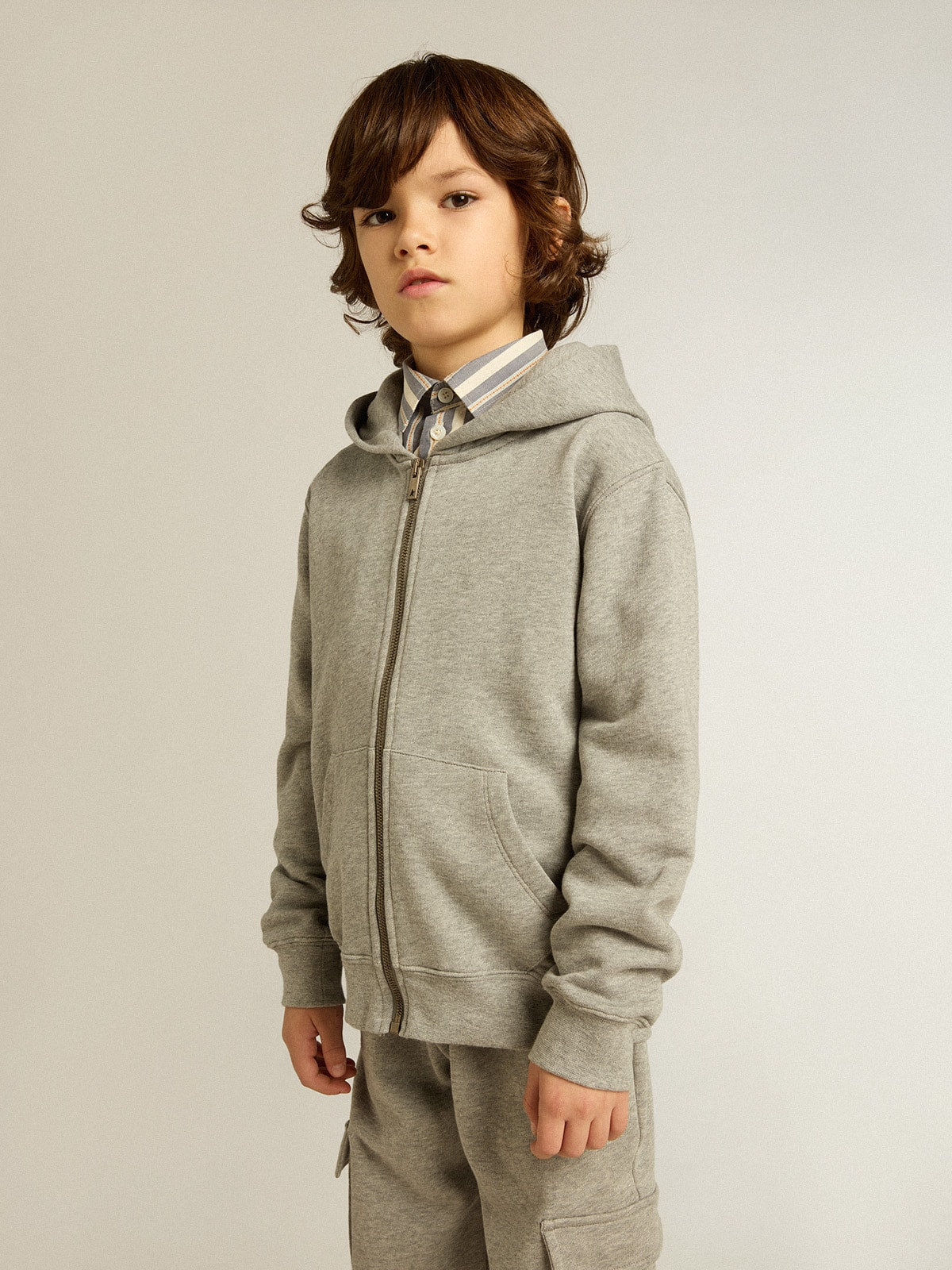 Gray melange hooded sweatshirt with print on the back - Golden Goose Kids