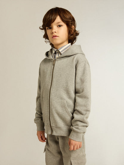 Gray melange hooded sweatshirt with print on the back - Golden Goose Kids