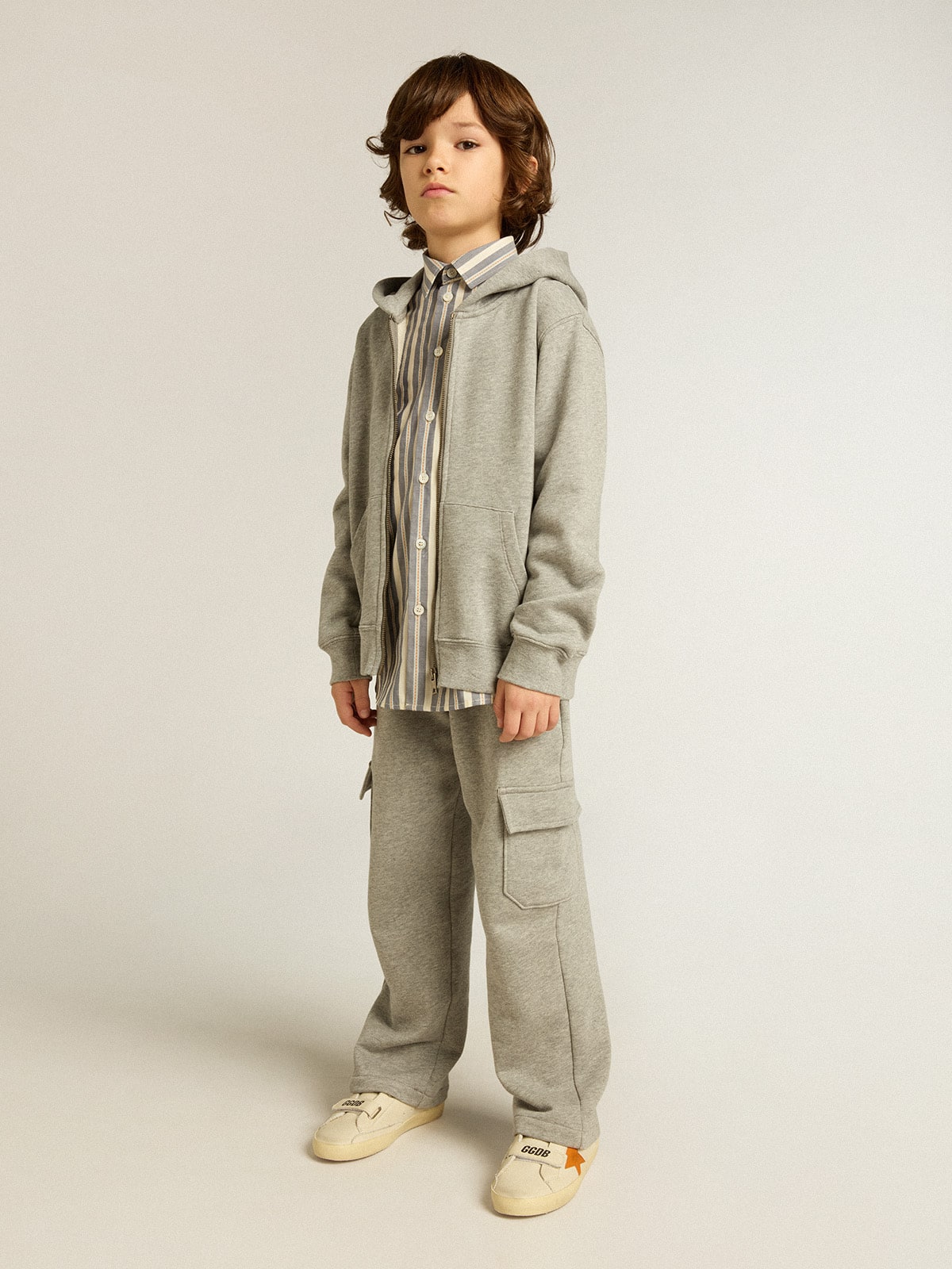 Gray melange hooded sweatshirt with print on the back - Golden Goose Kids