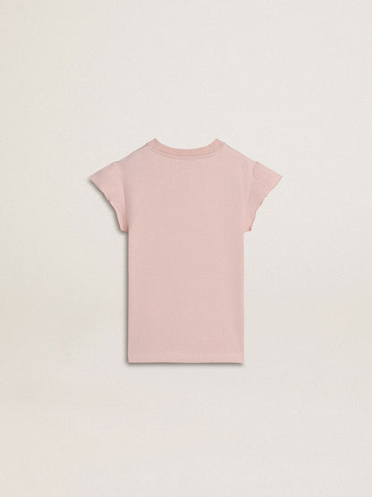 Girls' pink T-shirt with ruffled sleeves and embroidery - Golden Goose Kids