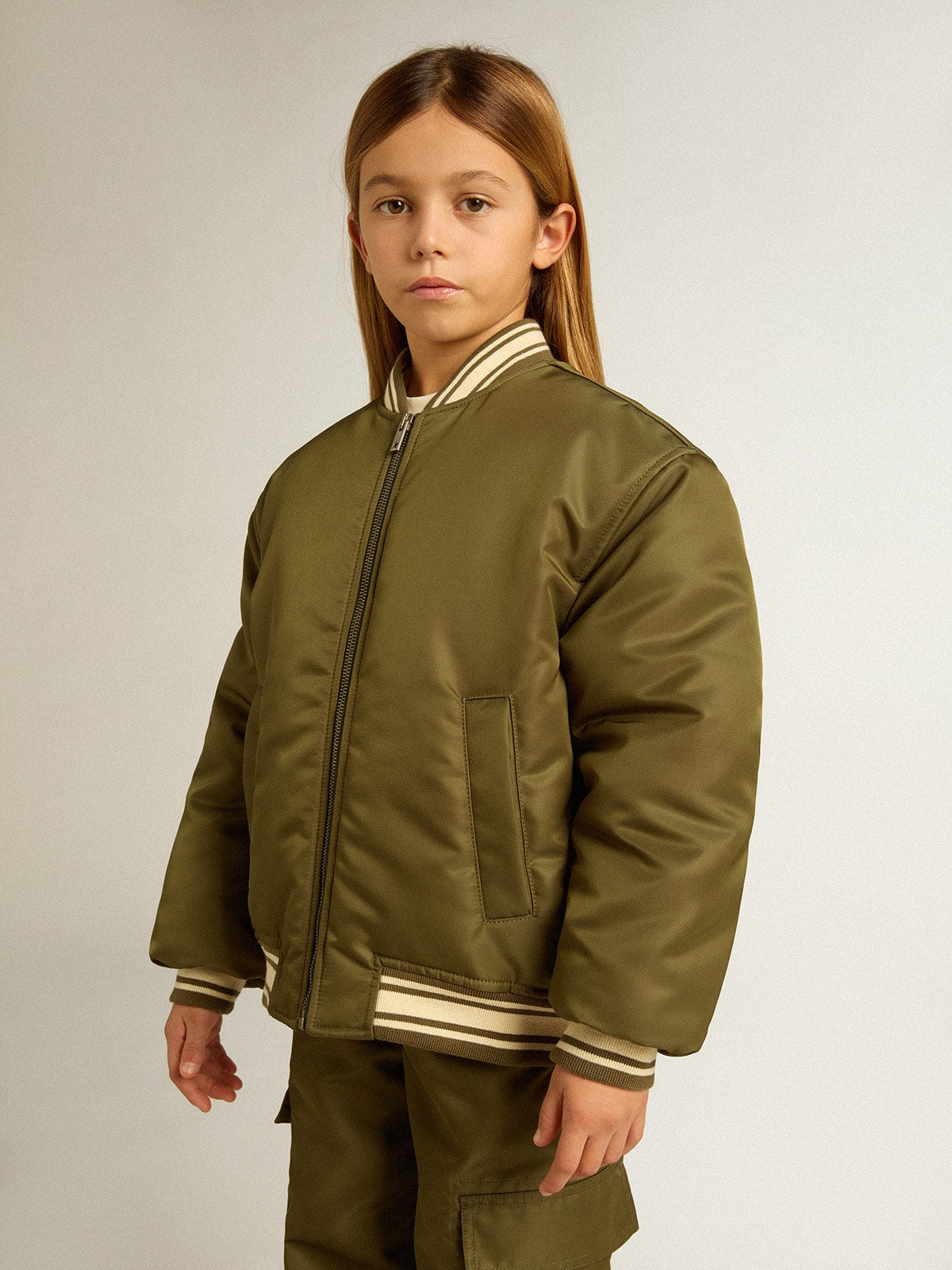 Kids military-green nylon bomber jacket with lettering on the back - Golden Goose Kids