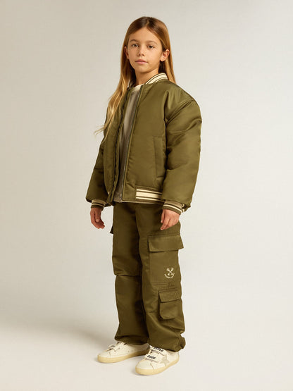 Kids military-green nylon bomber jacket with lettering on the back - Golden Goose Kids
