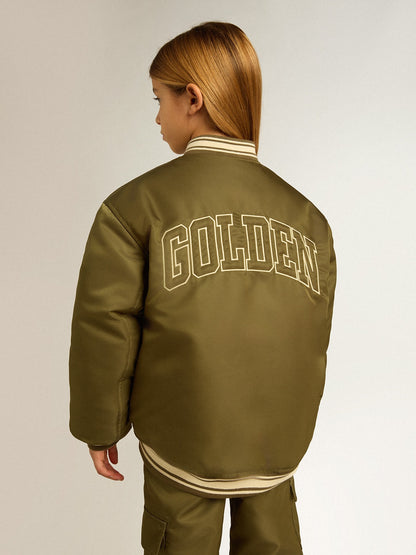 Kids military-green nylon bomber jacket with lettering on the back - Golden Goose Kids
