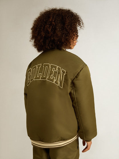Kids military-green nylon bomber jacket with lettering on the back - Golden Goose Kids