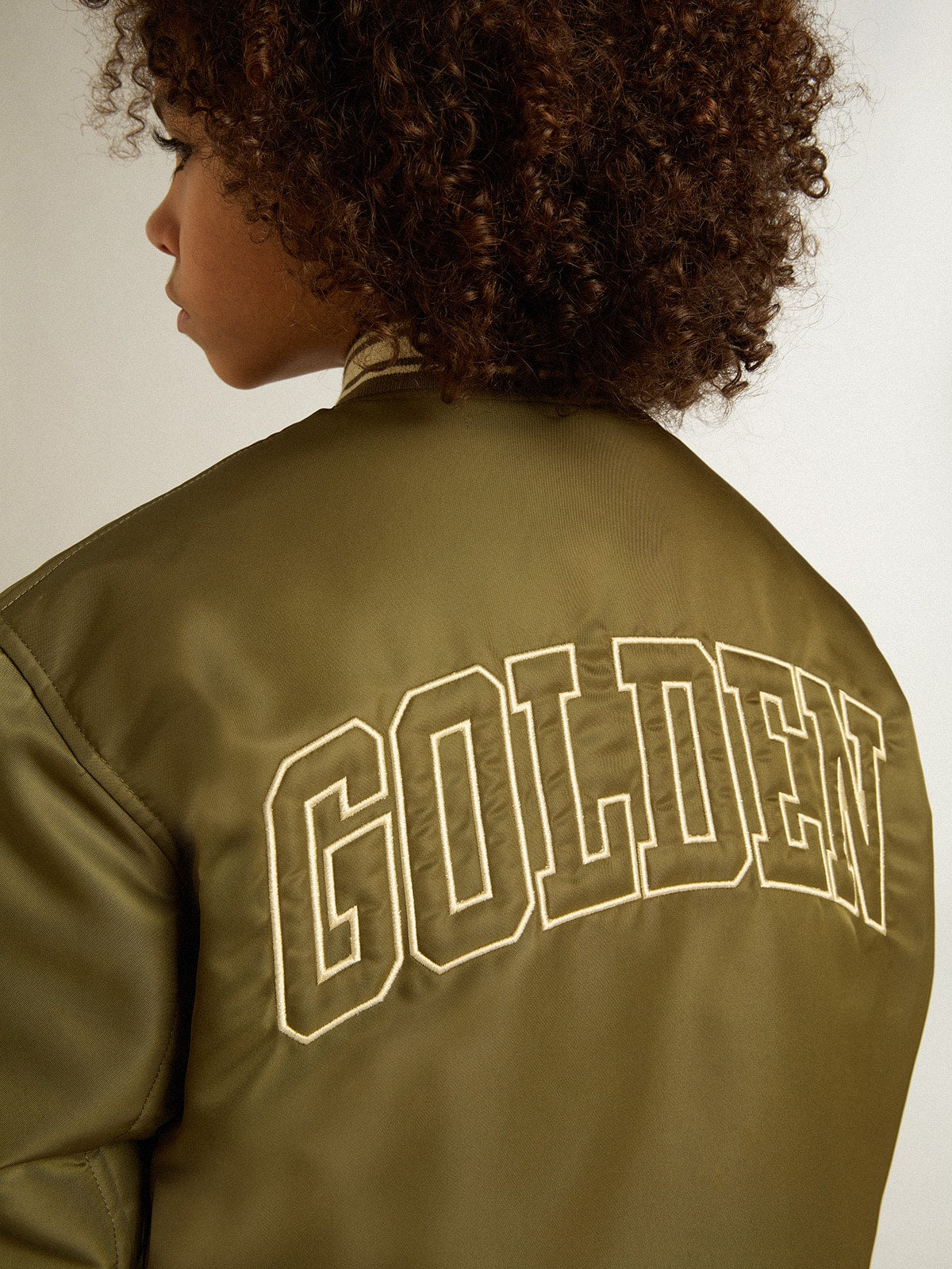 Kids military-green nylon bomber jacket with lettering on the back - Golden Goose Kids