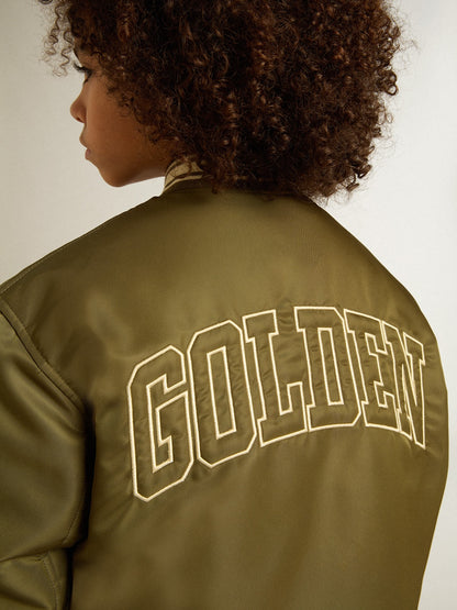 Kids military-green nylon bomber jacket with lettering on the back - Golden Goose Kids