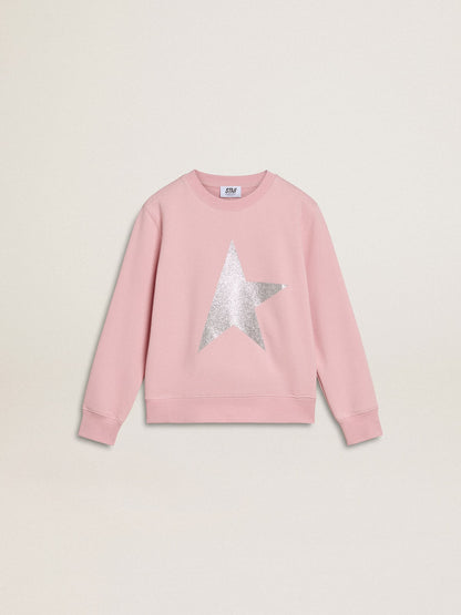 Pink sweatshirt with maxi star in silver glitter on the front - Golden Goose Kids