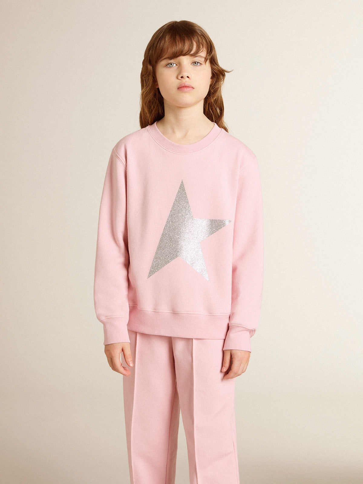 Pink sweatshirt with maxi star in silver glitter on the front - Golden Goose Kids