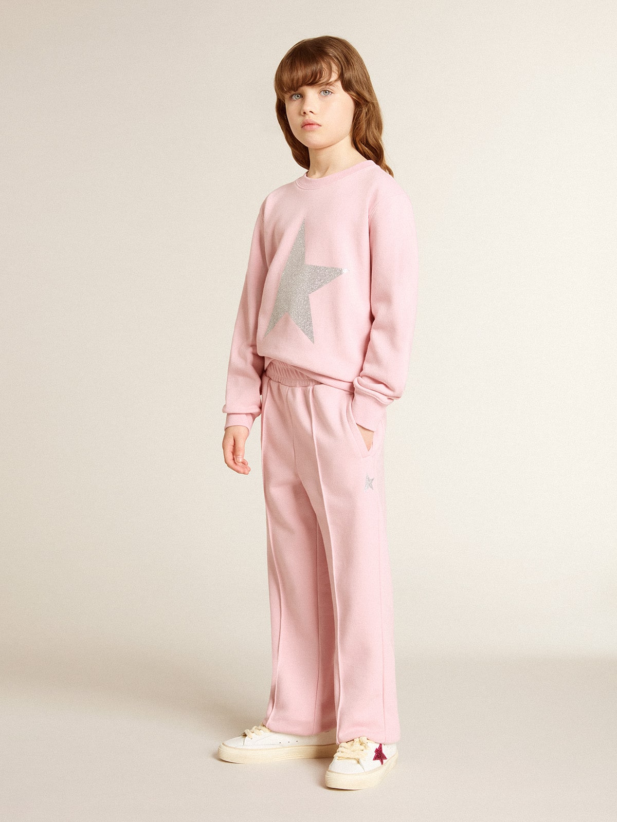 Pink sweatshirt with maxi star in silver glitter on the front - Golden Goose Kids