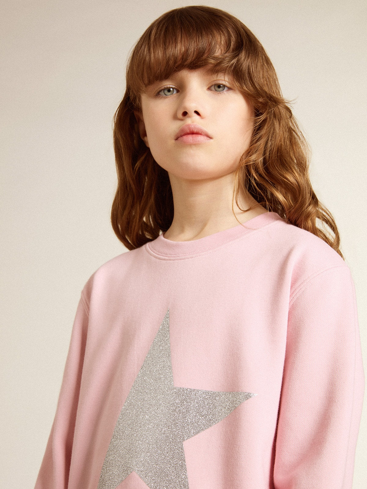 Pink sweatshirt with maxi star in silver glitter on the front - Golden Goose Kids