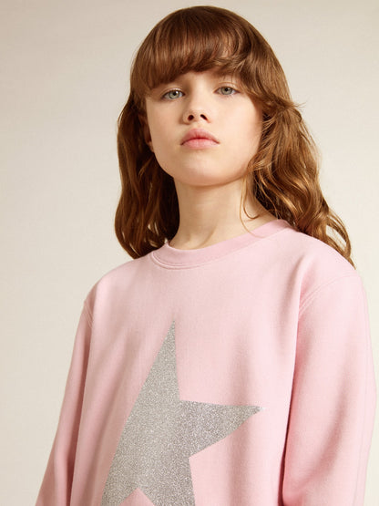 Pink sweatshirt with maxi star in silver glitter on the front - Golden Goose Kids