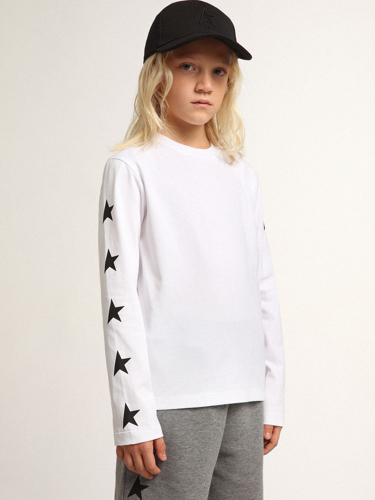 White long-sleeved T-shirt with contrasting black stars - Golden Goose Kids