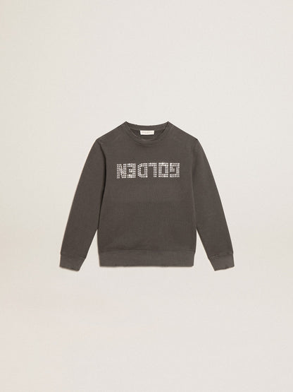 Distressed gray sweatshirt with crystal lettering - Golden Goose Kids