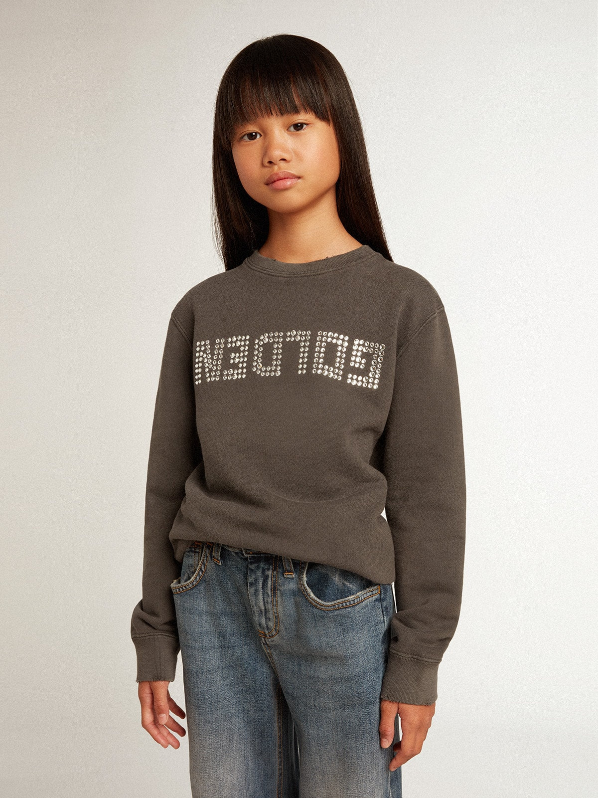 Distressed gray sweatshirt with crystal lettering - Golden Goose Kids