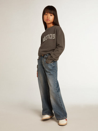 Distressed gray sweatshirt with crystal lettering - Golden Goose Kids