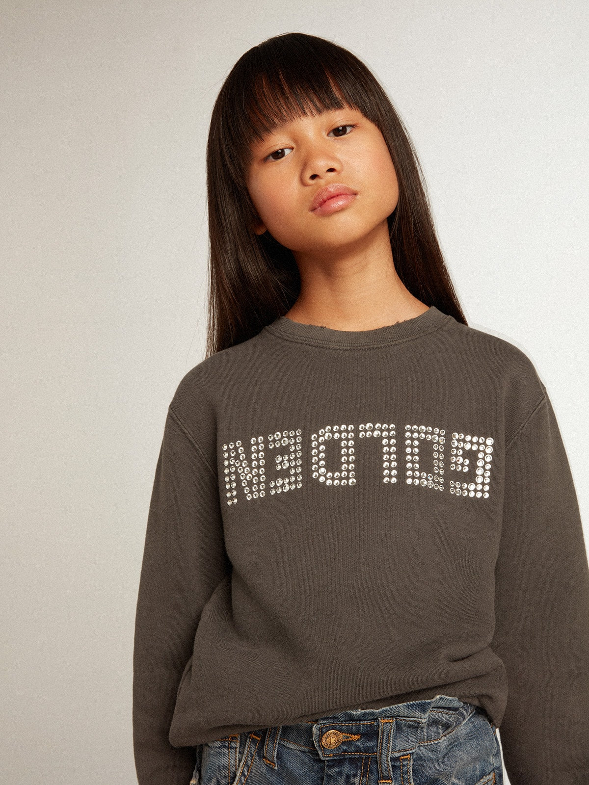 Distressed gray sweatshirt with crystal lettering - Golden Goose Kids