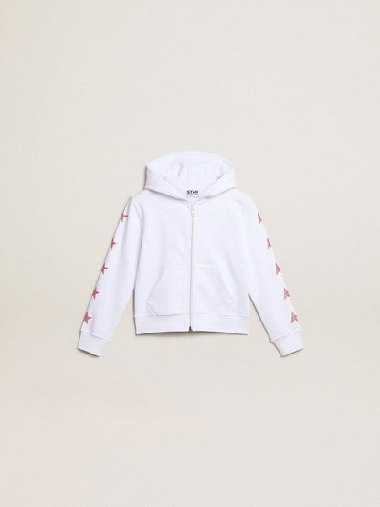 Girls’ zip-up sweatshirt in white with glitter stars on the sleeves - Golden Goose Kids