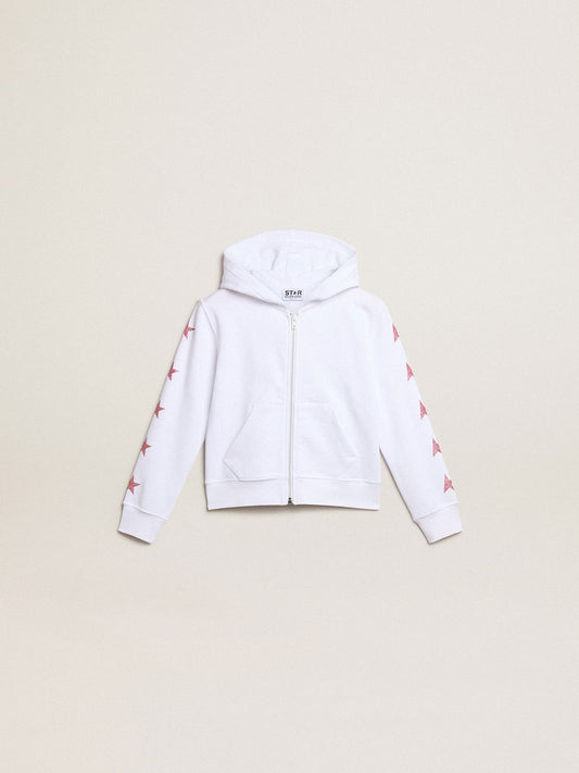 Girls’ zip-up sweatshirt in white with glitter stars on the sleeves - Golden Goose Kids
