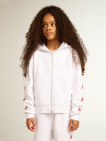 Girls’ zip-up sweatshirt in white with glitter stars on the sleeves - Golden Goose Kids
