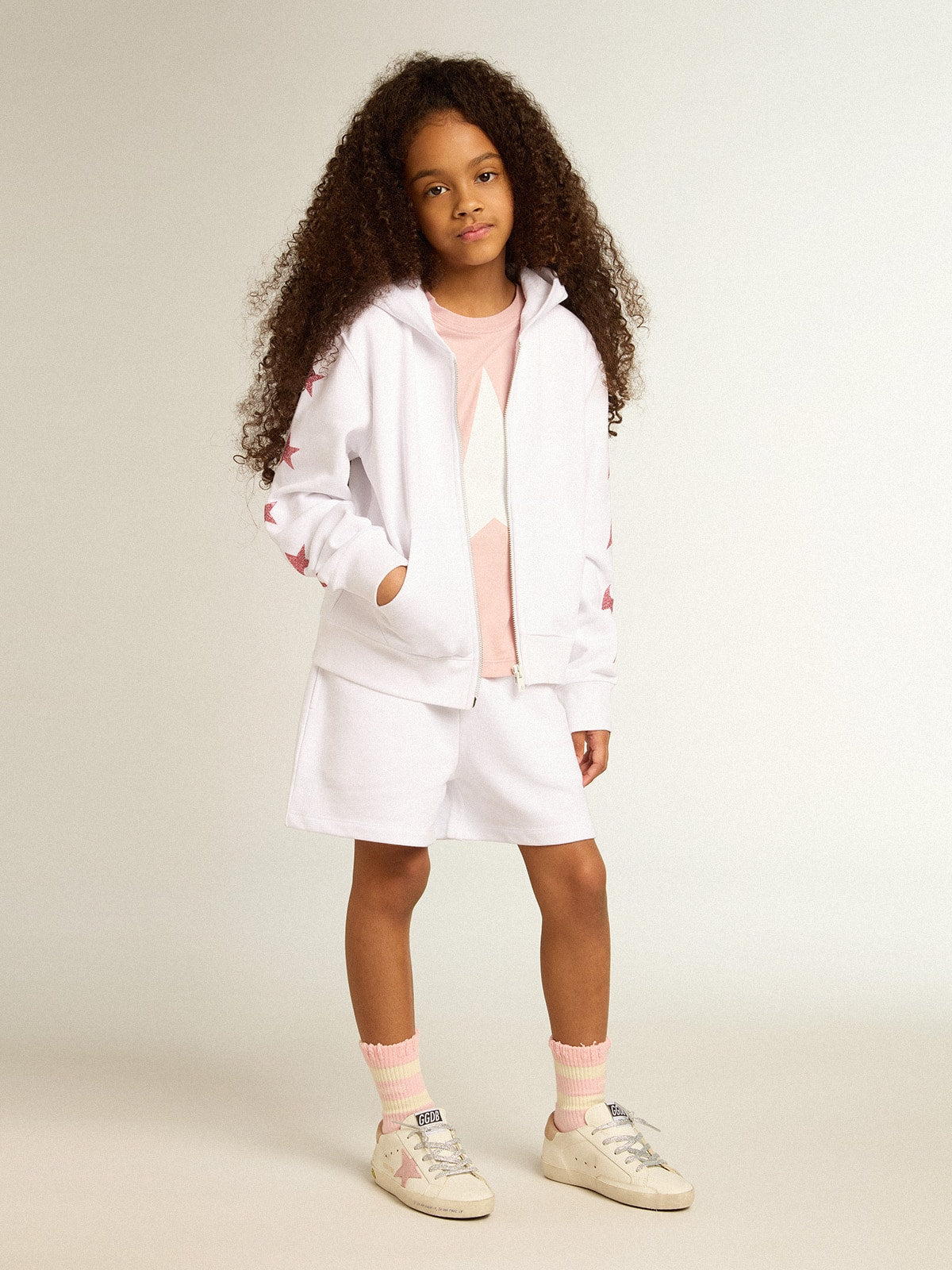 Girls’ zip-up sweatshirt in white with glitter stars on the sleeves - Golden Goose Kids
